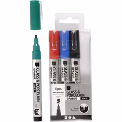 Creativ Company Glass & Porcelain Pens, Line 1-2 mm, Opaque, Black, Blue, Green, Red, 4 pc, 1 Pack, 4 pc(s), Black, Blue, Gre ...