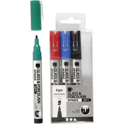 Creativ Company Glass & Porcelain Pens, Line 1-2 mm, Opaque, Black, Blue, Green, Red, 4 pc, 1 Pack
