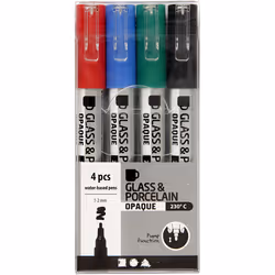 Creativ Company Glass & Porcelain Pens, Line 1-2 mm, Opaque, Black, Blue, Green, Red, 4 pc, 1 Pack