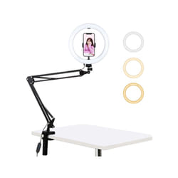 PULUZ 10.2" Ring Light with Desktop Arm Stand, USB, 3 Modes, Dual Color Temperature, Phone Clamp (Black)