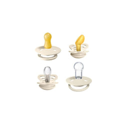 BIBS Try-it Soother 4-Pack. BPA Free, Round, Symmetrical and Orthodontic Nipple. Natural Rubber / Silicone, Size 1 (0-6 Months), Ivory