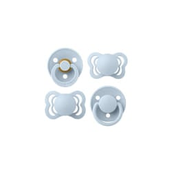 BIBS Try-it Soother 4-Pack. BPA Free, Round, Symmetrical and Orthodontic Nipple. Natural Rubber / Silicone, Size 1 (0-6 Months), Baby Blue