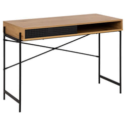 AC Design Angus rectangular office desk, top matt wild oak rough paper, base matt black rough powder coated steel with metal mesh, open compartment, sliding door and wire hole, 110x50x75 cm