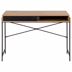 AC Design Angus rectangular office desk, top matt wild oak rough paper, base matt black rough powder coated steel with metal mesh, open compartment, sliding door and wire hole, 110x50x75 cm