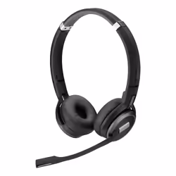 Double-sided. wireless DECT headset for professionals using PC/softphone. Super wideband audio. noise-cancelling system and s ...