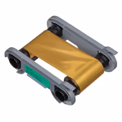 The Evolis RCT216NAAA metallic gold monochrome ribbon prints brilliant quality gold text and single-line art to pre-existing ...