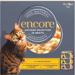 Encore 100% Natural Wet Cat Food, Multipack Chicken Selection in Broth (Pack of 12 x 70g Tins)