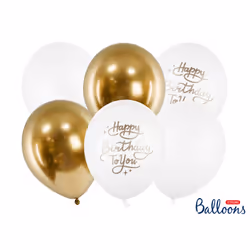 PartyDeco SB14P-305-000-6, Toy balloon, Latex, Gold, White, Birthday, Oval, 30 cm