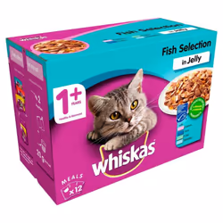 WHISKAS 1+ Cat Pouches Fish Selection In Jelly 12x100g (Pack of 4)
