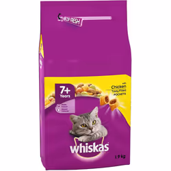 Whiskas 7+ Dry Cat Food for Senior Cats with Chicken, 4 bags (4 x 1.9 kg)