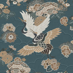 Green Kyoto Crane Wallpaper Textured Oriental Japanese Birds Floral Yellow