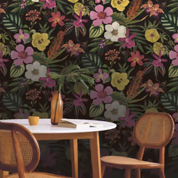 Black Floral Orchid Wallpaper Pink Yellow Exotic Tropical Palm Leaves Smooth