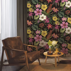 Black Floral Orchid Wallpaper Pink Yellow Exotic Tropical Palm Leaves Smooth