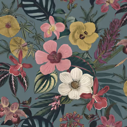 Teal Floral Orchid Wallpaper Pink Yellow Exotic Tropical Palm Leaves Smooth