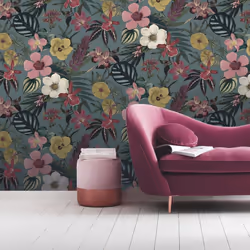 Teal Floral Orchid Wallpaper Pink Yellow Exotic Tropical Palm Leaves Smooth