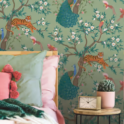 Sage Green Tropical Wallpaper Tiger Birds Peacock Trees Floral Exotic Jungle