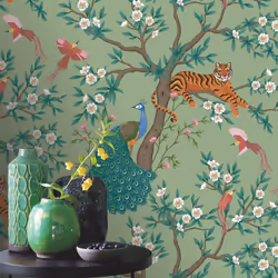 Sage Green Tropical Wallpaper Tiger Birds Peacock Trees Floral Exotic Jungle