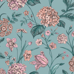 Hydrangea Floral Tulips Wildflower Leaf Wallpaper - Teal 260155