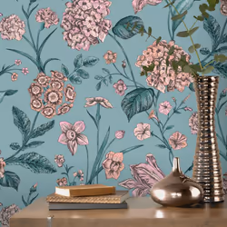 Hydrangea Floral Tulips Wildflower Leaf Wallpaper - Teal 260155