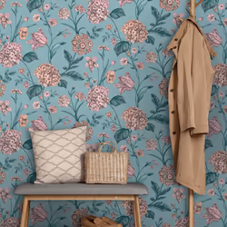 Hydrangea Floral Tulips Wildflower Leaf Wallpaper - Teal 260155