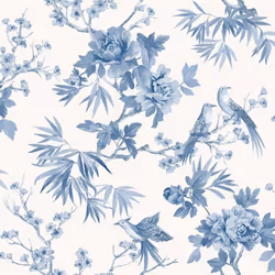 Elegant Home Chinoiserie Exotic Birds Floral Leaf Flowers Leaves Wallpaper - Blue 260554