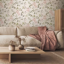 Rasch Rosalie Floral Leaf Trail Leaves Cream Green Pink Wallpaper