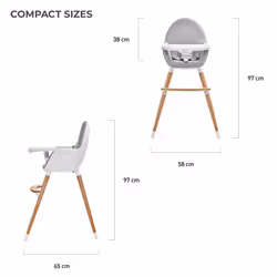 Kinderkraft Fini 2-in-1 High Chair, Baby Chair, Combination High Chair, Wooden Legs, Seat Belts, Footrest, Double Tray, from 6 Months to 5 Years,