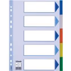 Esselte Multicoloured Polypropylene Dividers, Blank tab index, Polypropylene (PP), Multicolour, Portrait, A4, 225 mm