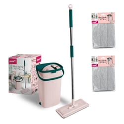 Flat mop mobile phone with handle and bucket, made of microfibre, absorbent, for floor cleaning, without water stains, pink-green, 2 extra cartridges,