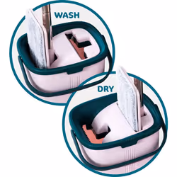 Flat mop mobile phone with handle and bucket, made of microfibre, absorbent, for floor cleaning, without water stains, pink-green, 2 extra cartridges,