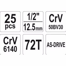 YATO YT-38741 Socket set 25 Chrome-Molybdenum Steel 1/2