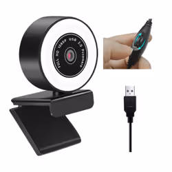 Platinet USB Webcam with Ring Light, Two Megapixels, 1080p Full HD, USB-A, Integrated Microphone (noise cancelling), Adjustable Clip Base, 30 frames per second, Black, Cable 1.5m, One Year Warranty, Box