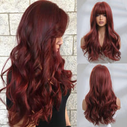 ALAN EATON Long Straight Ombre Black Red Brown Synthetic Wigs for Women Heat Resistant Fiber Natural Looking Wig with Bangs