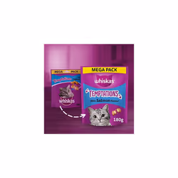 Temptations - Tasty, Crunchy Treats for Adult Cats, Small Bite Size Snacks with a Delicious Salmon Flavour Filling, 4 x 180 g Packets - Pack May Vary