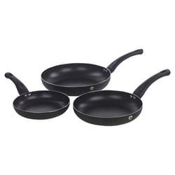 3 Pc Frying Pan Set With Soft Touch Handles and 6 Pc Kitchen Tool Set - Matt Black