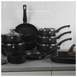 14 Pcs Blaumann Cookware Pots Grill Pans Set With Soft Touch Handles Glass Lids - Matt Black