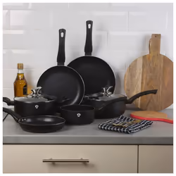 8 Pcs Blaumann Cookware Set Cooking Pots Pans With Soft Touch Handles Glass Lids - Matt Black