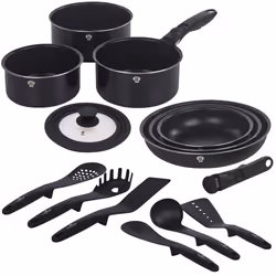 Aluminium Induction Space Saving Cookware Saucepan Frying Pan Set Detachable Handle with Kitchen 6 Tools - Black Matt, 9 Pc w ...