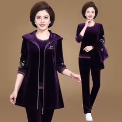 Mom&apos;s Velvet Tracksuit Women Embroidered Plus Size 3 Piece Outfit Casual Zip Up Hooded Waistcoat + T-Shirt + Pants Set S ...