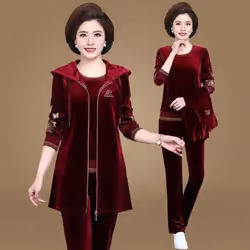 Mom&apos;s Velvet Tracksuit Women Embroidered Plus Size 3 Piece Outfit Casual Zip Up Hooded Waistcoat + T-Shirt + Pants Set S ...