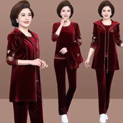 Mom&apos;s Velvet Tracksuit Women Embroidered Plus Size 3 Piece Outfit Casual Zip Up Hooded Waistcoat + T-Shirt + Pants Set Sweatsuit - wine red, 4XL
