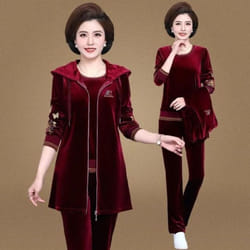 Mom&apos;s Velvet Tracksuit Women Embroidered Plus Size 3 Piece Outfit Casual Zip Up Hooded Waistcoat + T-Shirt + Pants Set Sweatsuit - wine red, XXXL