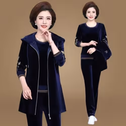 Mom&apos;s Velvet Tracksuit Women Embroidered Plus Size 3 Piece Outfit Casual Zip Up Hooded Waistcoat + T-Shirt + Pants Set S ...