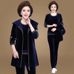 Mom&apos;s Velvet Tracksuit Women Embroidered Plus Size 3 Piece Outfit Casual Zip Up Hooded Waistcoat + T-Shirt + Pants Set Sweatsuit - royal blue, L