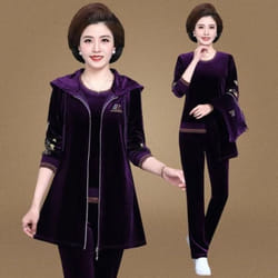 Mom&apos;s Velvet Tracksuit Women Embroidered Plus Size 3 Piece Outfit Casual Zip Up Hooded Waistcoat + T-Shirt + Pants Set Sweatsuit - purple, XXXL