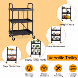 3-Tier Folding Trolley Cart Portable Utility Heavy Duty Tool Cart Dark