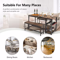 3 PCS Kitchen Dining Table set for 4 persons W/ 2 Dining Benches