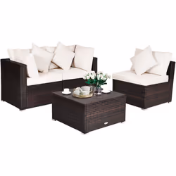 4 Pcs Patio Furniture Set Outdoor Rattan Sofa Ottoman Set w/ Cushions