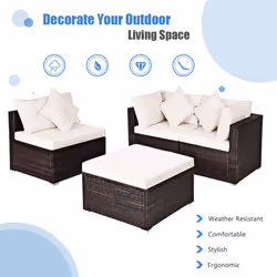 4 Pcs Patio Furniture Set Outdoor Rattan Sofa Ottoman Set w/ Cushions