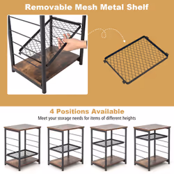 Industrial 3Tier Side Table End Nightstand Adjustable Metal Mesh Shelf